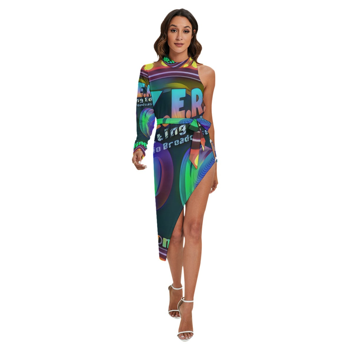 Neon Rainbow All-Over Print Women's Side Cutout Dress