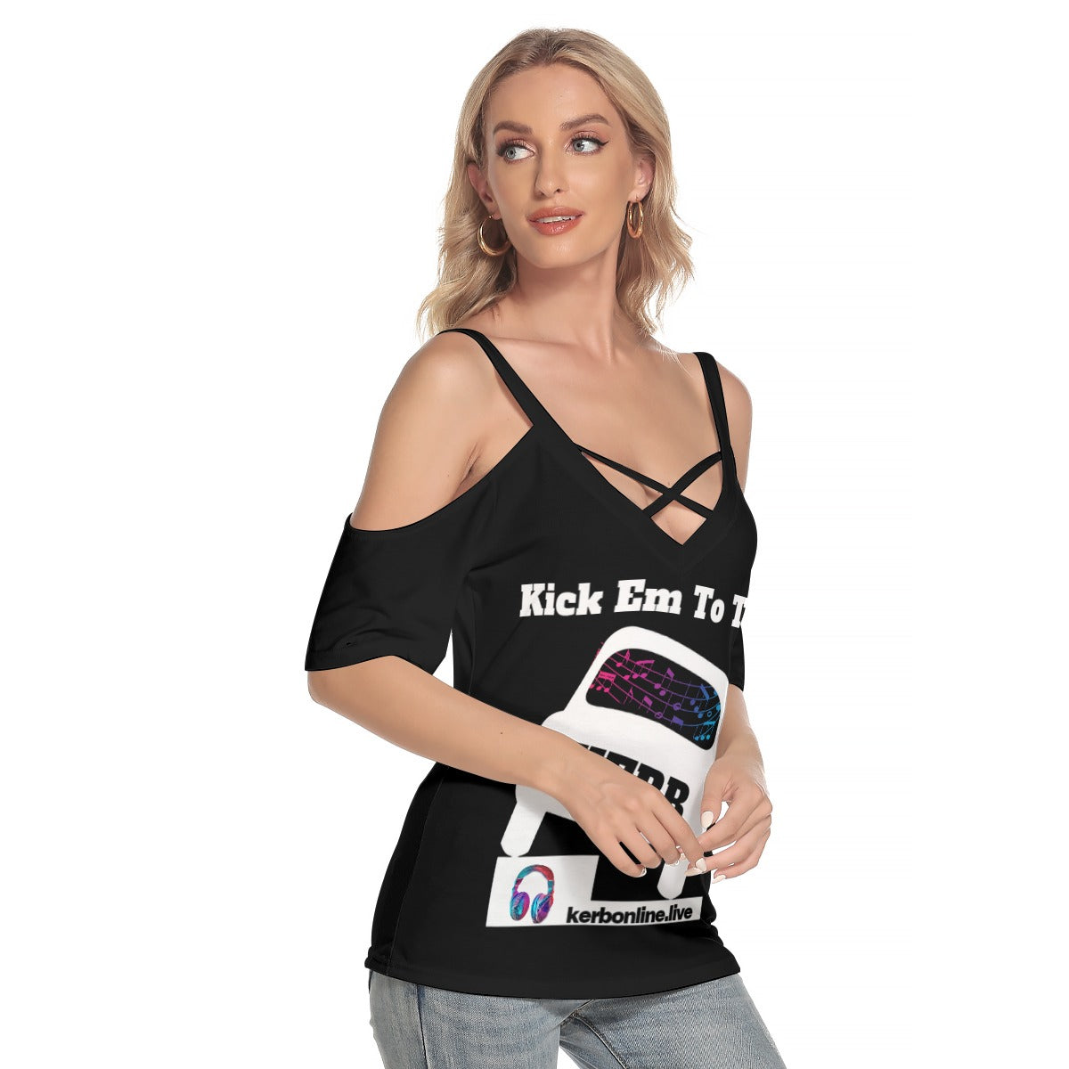 Kick Em to the KERB  Women's Cold Shoulder T-shirt With Criss Cross Strips